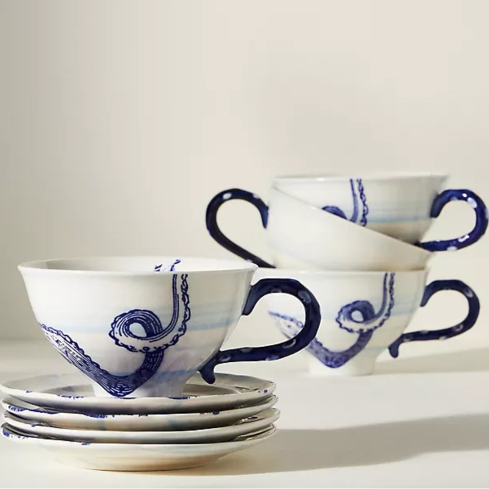 Anthropologie From the Deep Blue and White Nautical Octopus Teacup Set of 8